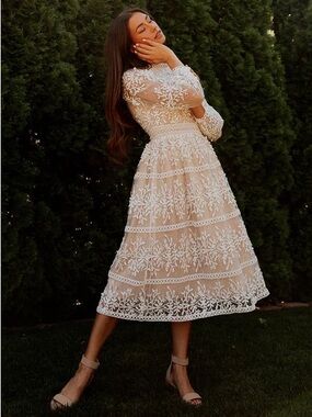 Beige Lace Tiered Midi Dress with White Embroidery
